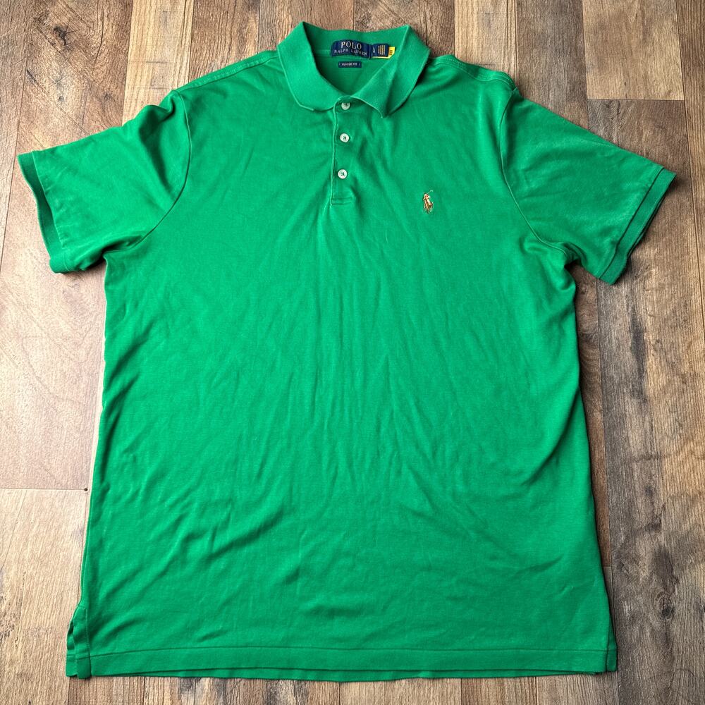 Polo Ralph Lauren Polo Shirt Men's Large Green Classic Rugby Short Sleeve 6095‎